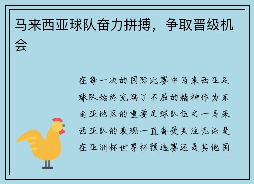 马来西亚球队奋力拼搏，争取晋级机会