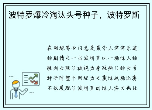 波特罗爆冷淘汰头号种子，波特罗斯